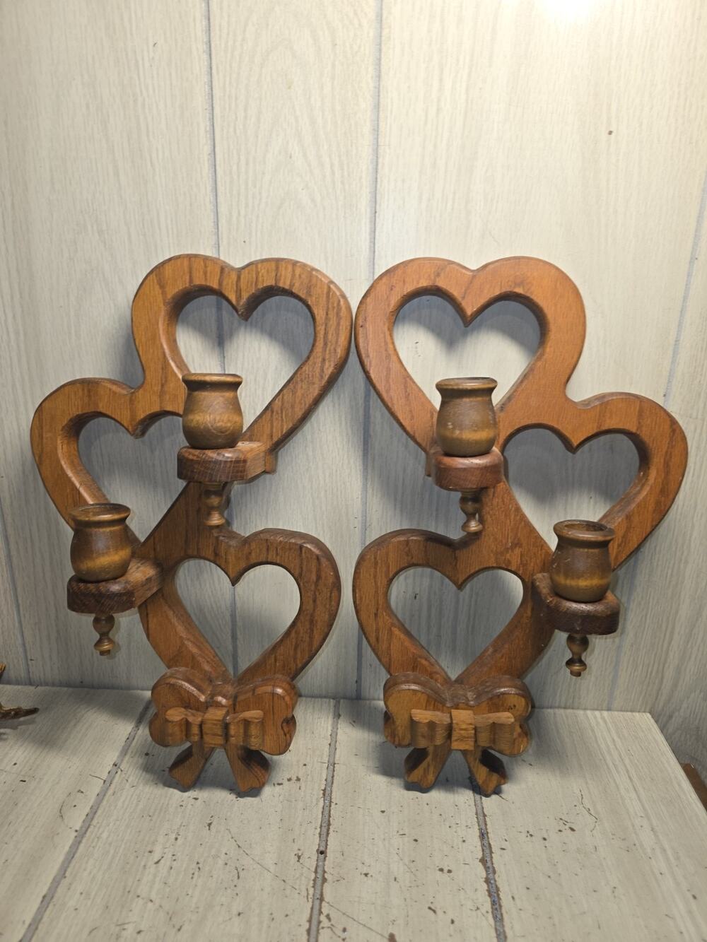 Vtg 1980s Triple Heart Wood Wall Sconces Handmade Set Of 2 Cottagecore Heritage